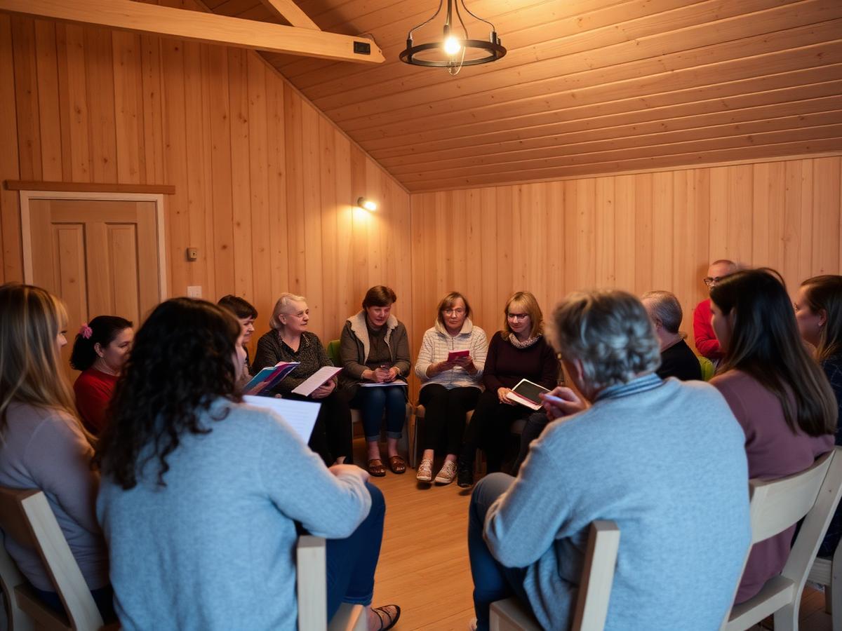 Association members sharing stories in a circle during a community storytelling evening