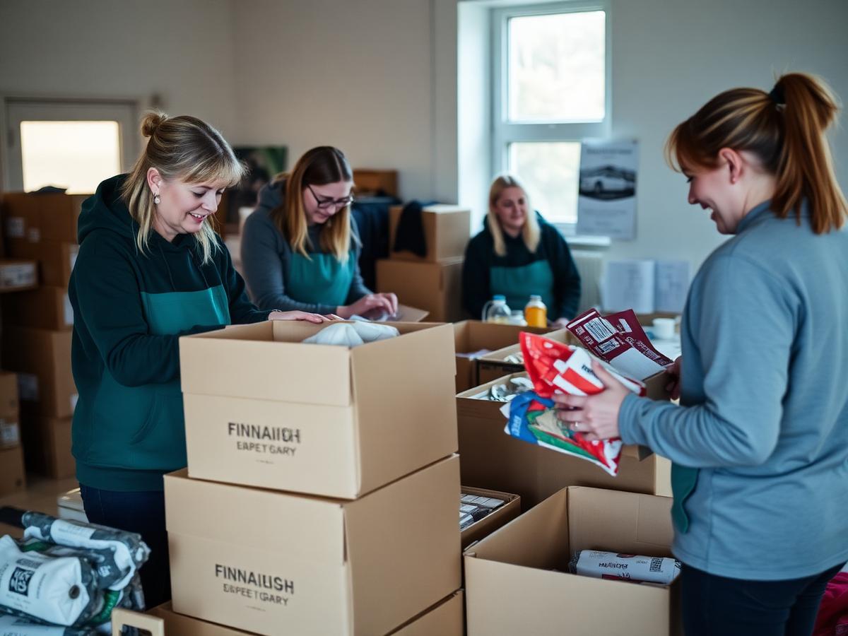 Volunteers sorting donated food and clothing at a community aid centre